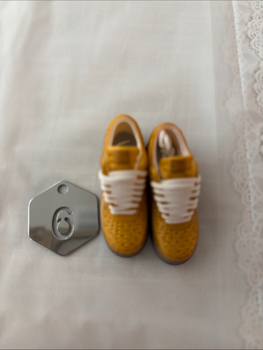 6,One Pair of Nike Air LV Logo Mustard Yellow Mini Sneakers for Labubu Doll